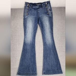 Express Y2K Medium to Lightwash Flare Bottom Stretch Denim Jeans. 12R.